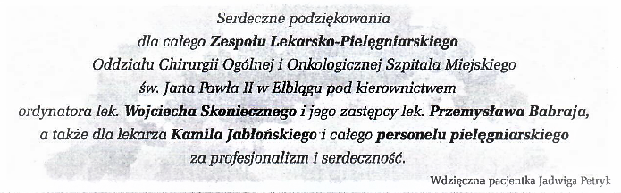 Podziękowania dla zespołu lekarskiego